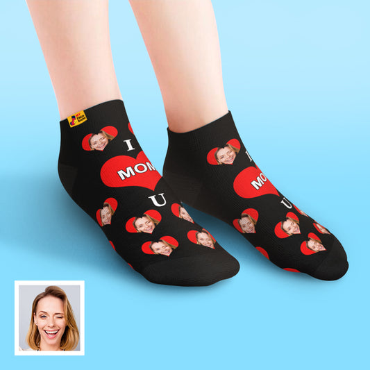 Custom Face Low-Cut Ankle Socks showing personalised face print and 'I Love U Mum' message, studio front view