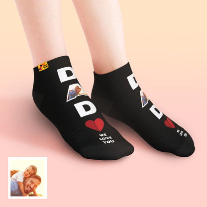 Personalised low-cut ankle face socks for Dad with ‘We Love You’ print — custom photo socks ideal for Father’s Day or birthdays