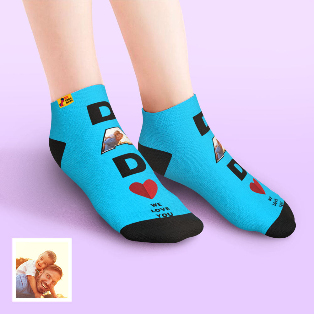 Pair of personalised low-cut ankle socks laid flat showing full-face custom print — novelty gift idea for Dad