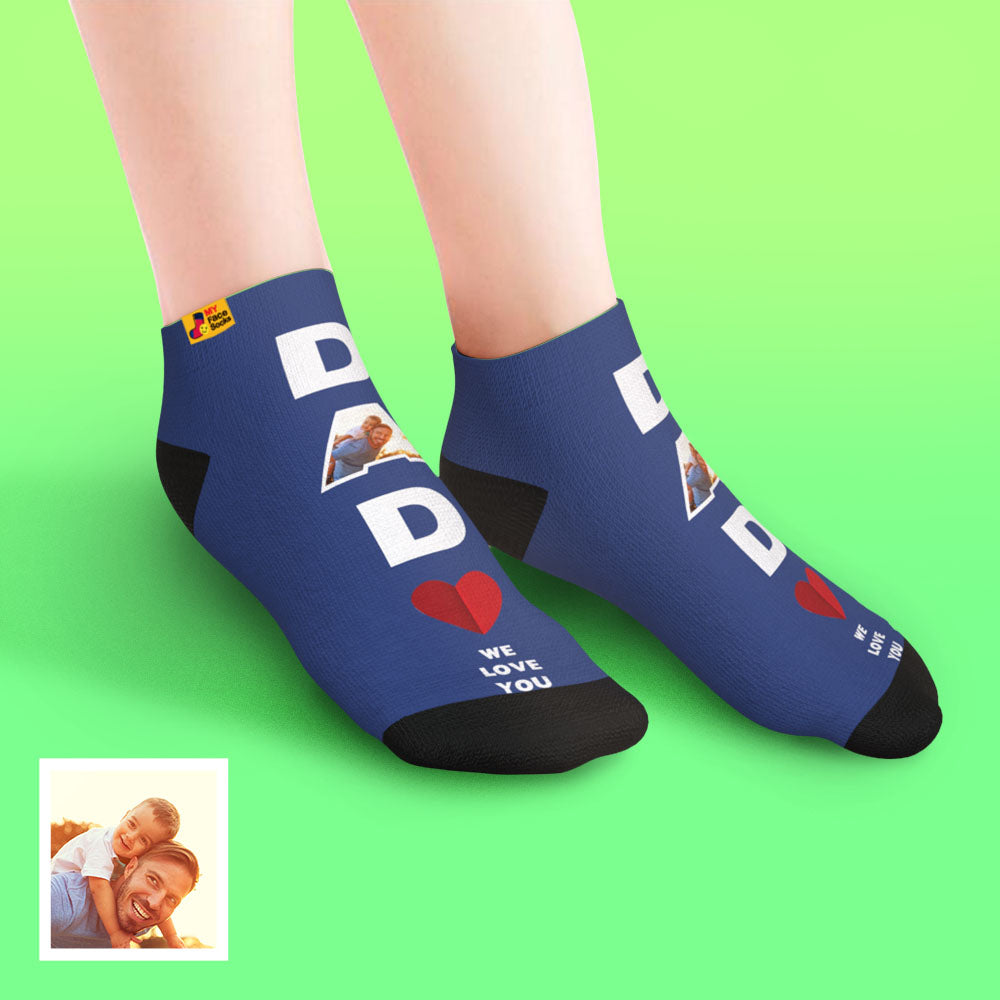 Detail shot of ankle cuff and breathable polyester fabric on personalised face socks — comfortable everyday wear for Dad