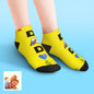 Close-up of reinforced heel and toe on personalised polyester low-cut ankle socks — durable print for a memorable gift