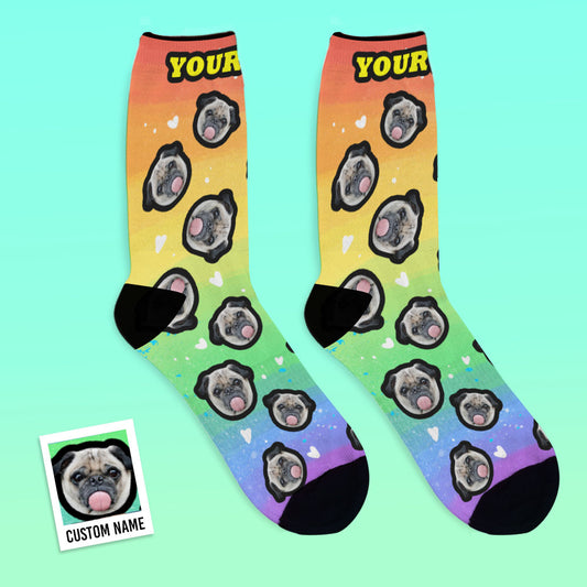 Front view of Personalised Rainbow Face Socks featuring a clear custom photo print on vibrant rainbow stripes — custom photo socks, personalised gift for UK & AU