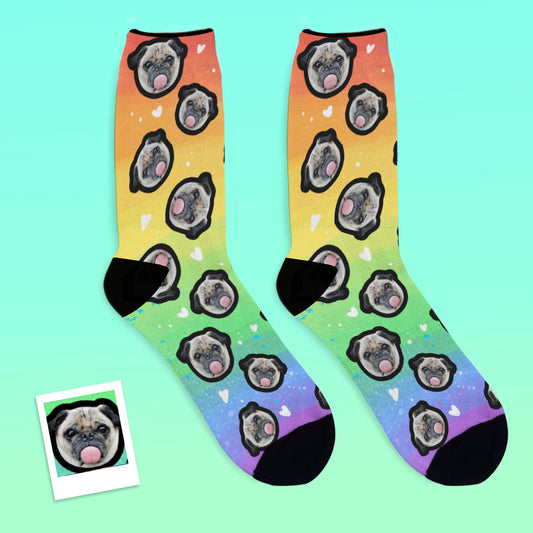 Front view of Personalised Rainbow Face Socks featuring a clear custom photo print on vibrant rainbow stripes — custom photo socks, personalised gift for UK & AU