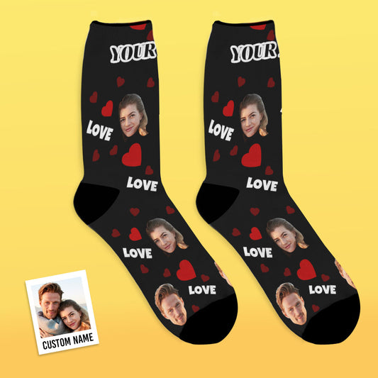 Personalised Face Socks featuring a custom full-face photo print — a heartfelt custom photo socks gift for family and loved ones, perfect for anniversaries and Valentine's Day.