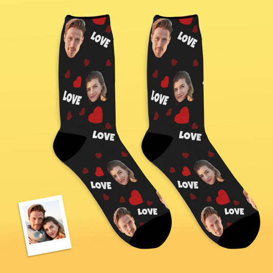 Personalised Face Socks featuring a custom full-face photo print — a heartfelt custom photo socks gift for family and loved ones, perfect for anniversaries and Valentine's Day.