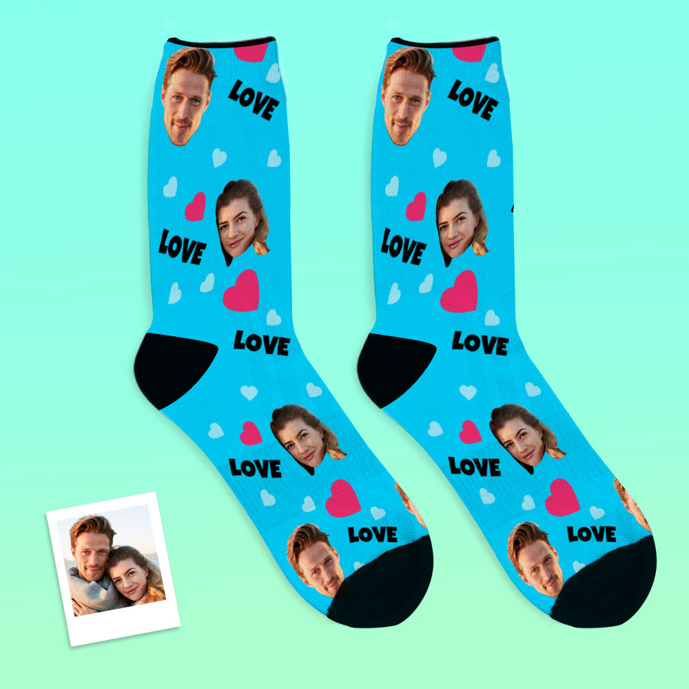 Alternate product view of Personalised Face Socks showing face cutout positioning and overall print design — an ideal custom photo socks gift idea.