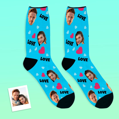 Alternate product view of Personalised Face Socks showing face cutout positioning and overall print design — an ideal custom photo socks gift idea.