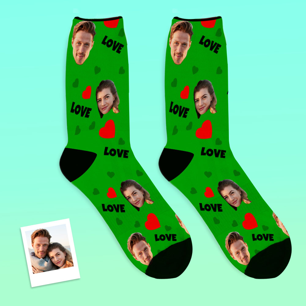 Detailed mock-up of customised face socks with emphasis on facial cutout and edge smoothing — premium personalised photo socks for keepsakes.