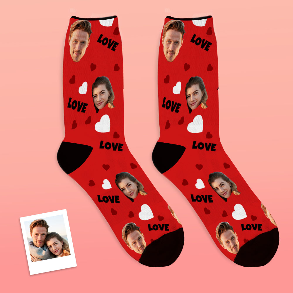 Custom Photo Socks displayed with a visible facial cutout example to show design precision — personalised face socks as a unique family gift.
