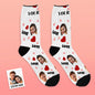 High-resolution close-up of personalised face socks showing facial detail reproduction and soft fabric — premium custom photo socks for loved ones.