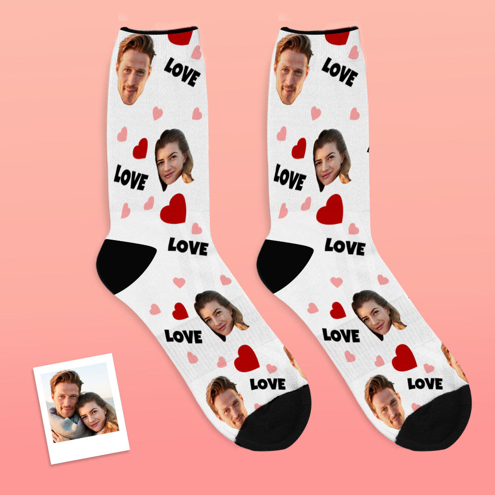 High-resolution close-up of personalised face socks showing facial detail reproduction and soft fabric — premium custom photo socks for loved ones.