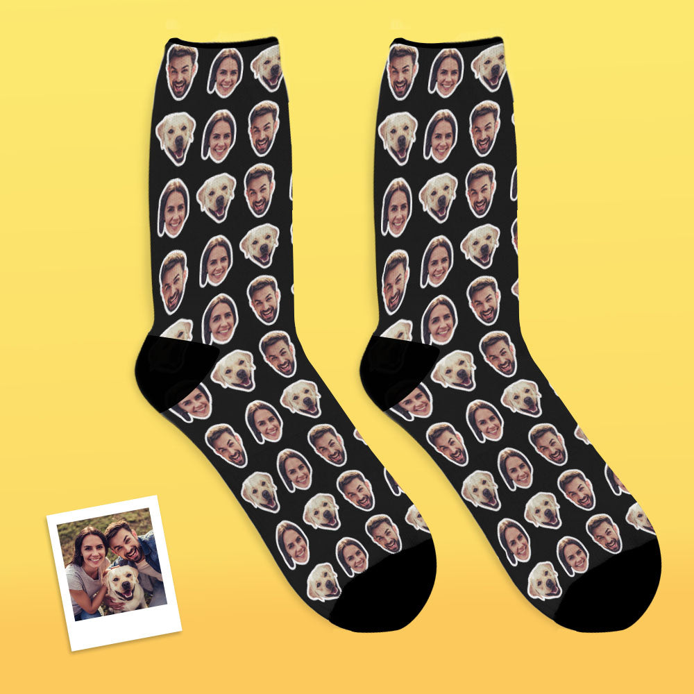 Step-by-step customisation process image: order, upload two photos, online preview, quality inspection and dispatch for personalised photo socks