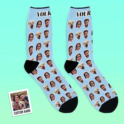 Front and back views of personalised two-face socks demonstrating seamless print continuity and heel-safe customisation