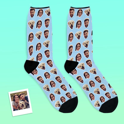 Front and back views of personalised two-face socks demonstrating seamless print continuity and heel-safe customisation