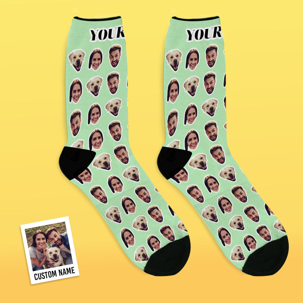 Two personalised face socks displayed as a pair against a contrasting background to highlight face cutouts and colour vibrancy