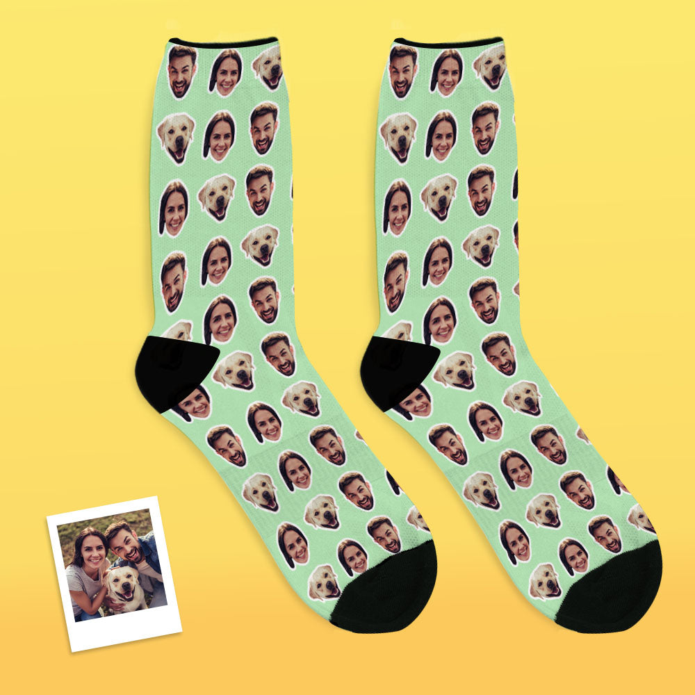 Close-up print quality shot of personalised socks with two distinct face portraits — premium custom photo socks for Australia & UK customers