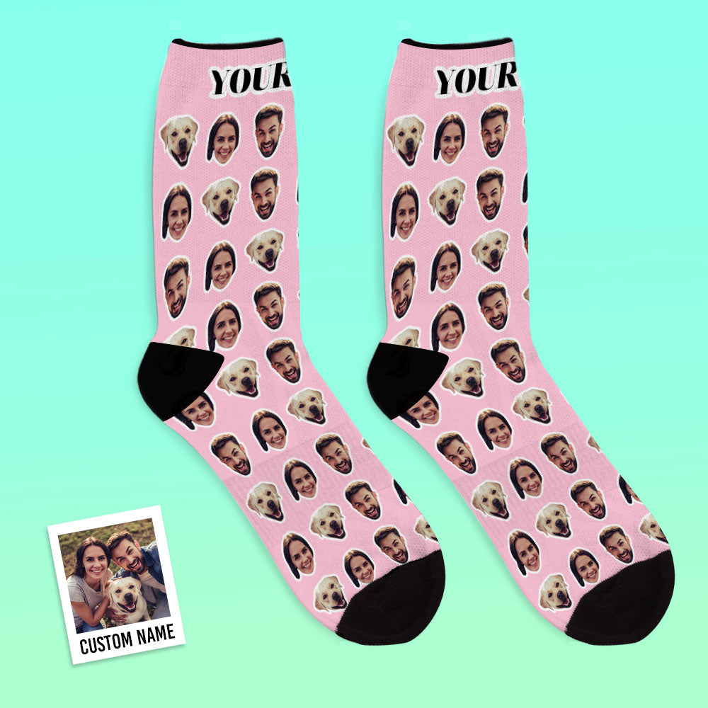 Custom socks preview image illustrating how two uploaded photos are positioned for the clearest personalised print outcome