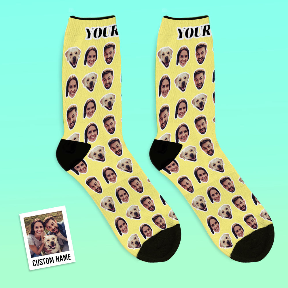 Personalised face socks close-up showing edge-cut accuracy of face portraits and seamless dye-sublimation print technology