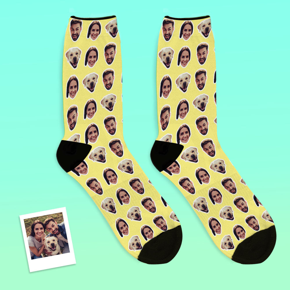 Custom Photo Socks two-face design showcased on mannequin feet to demonstrate placement and real-life appearance of personalised socks