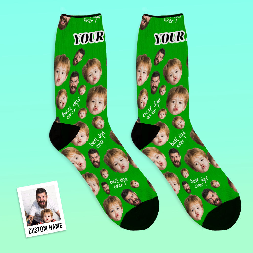 Black personalised socks displayed with gift tag — unique personalised photo gift idea, custom face socks for Dad
