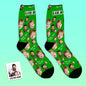 Close crop of personalised face on black socks — high‑definition custom face socks ideal as a personalised gift for Dad