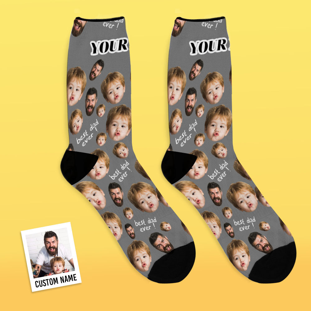 Minimalist on‑foot photo of black personalised face socks emphasising print coverage and sporty comfort — photo socks for Dad
