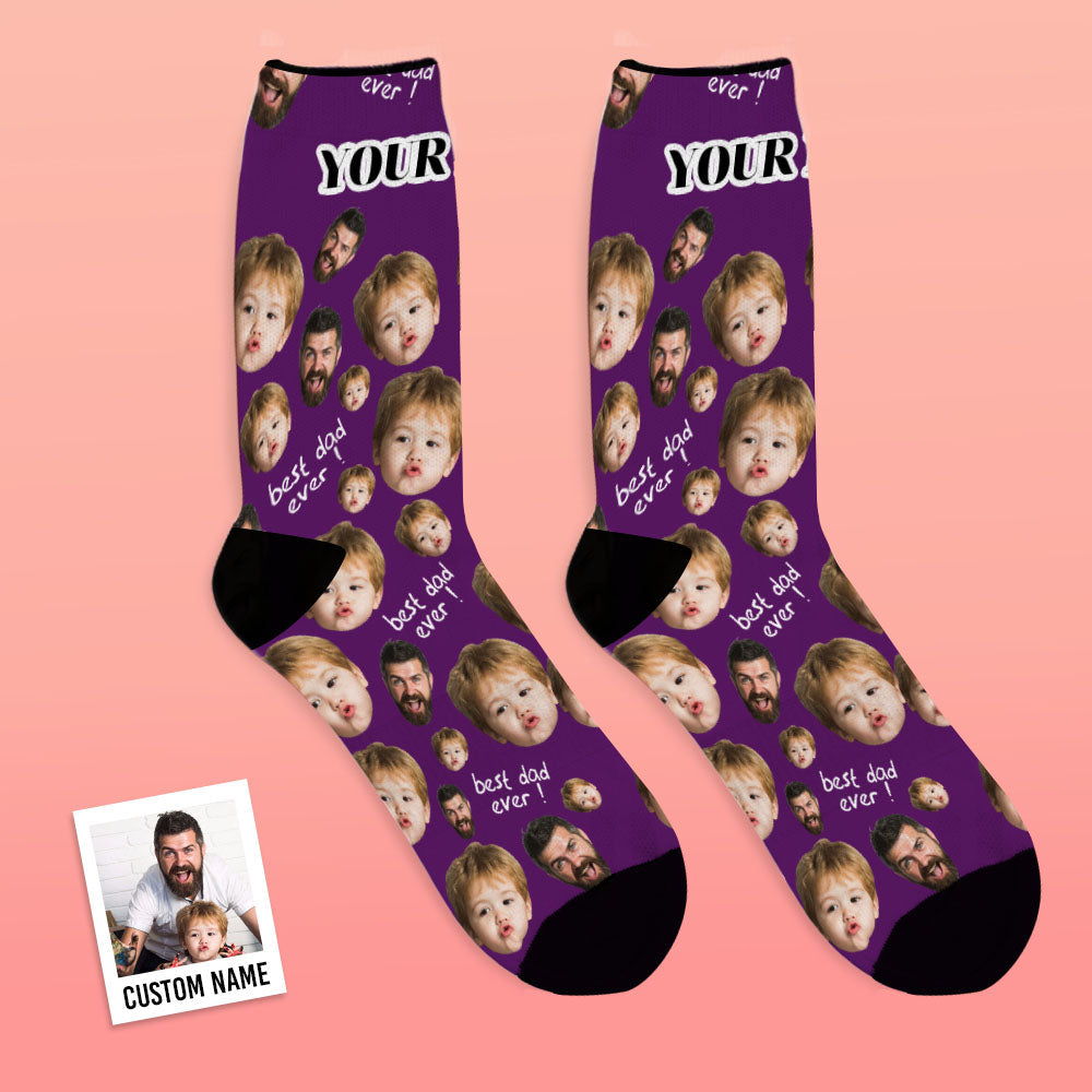 Close view of personalised face detail on black socks, showcasing photo clarity and vibrant custom printing for Dad’s novelty gift