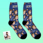 Close‑up of sock cuff and stretch on black custom face socks — Lycra blend for a snug, comfortable fit on personalised socks for Dad