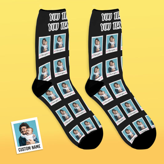 Alternate sample of personalised polaroid socks showing crisp face crop and premium polyester-Lycra blend