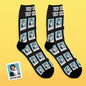 Alternate sample of personalised polaroid socks showing crisp face crop and premium polyester-Lycra blend
