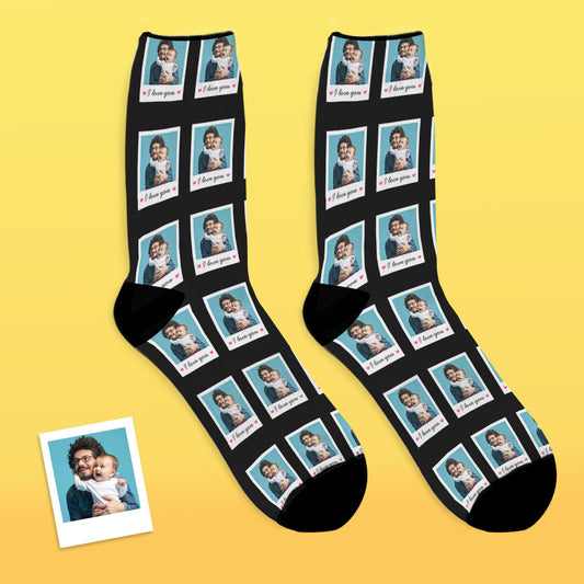 Alternate sample of personalised polaroid socks showing crisp face crop and premium polyester-Lycra blend