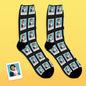 Alternate sample of personalised polaroid socks showing crisp face crop and premium polyester-Lycra blend