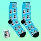 Close-up sample of personalised polaroid photo on socks showing crisp crop and 'I Love You' motif
