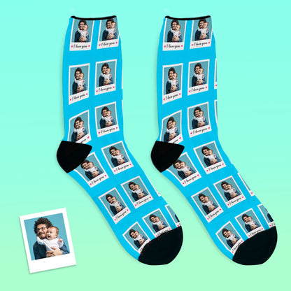 Flat-lay of custom photo socks highlighting high-definition embedded print and premium stitching