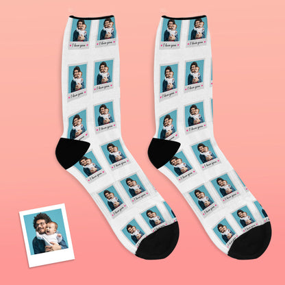 Side view of personalised 'I Love You' Polaroid socks showing stretch fit and durable yarn threading