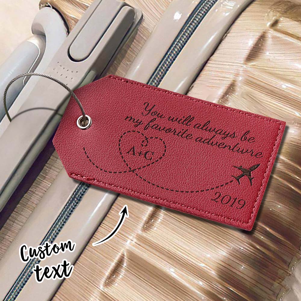 Personalised Engraved Leather Luggage Tag with Airplane Path Design - Custom Anniversary Gift