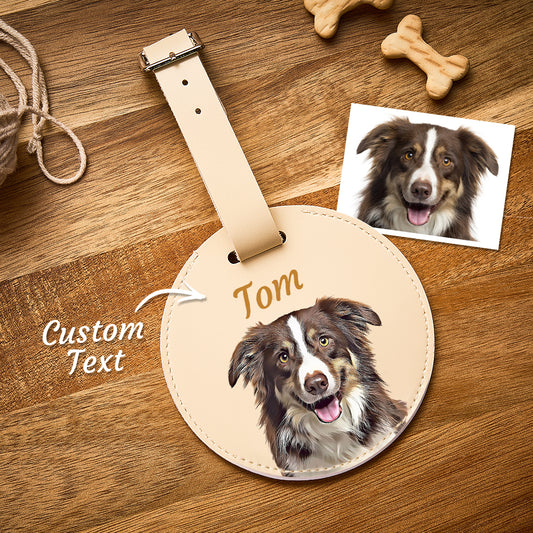 Round personalised pet portrait luggage tag on white background showing a printed pet portrait and name on PU leather — personalised pet luggage tag, round pet portrait tag