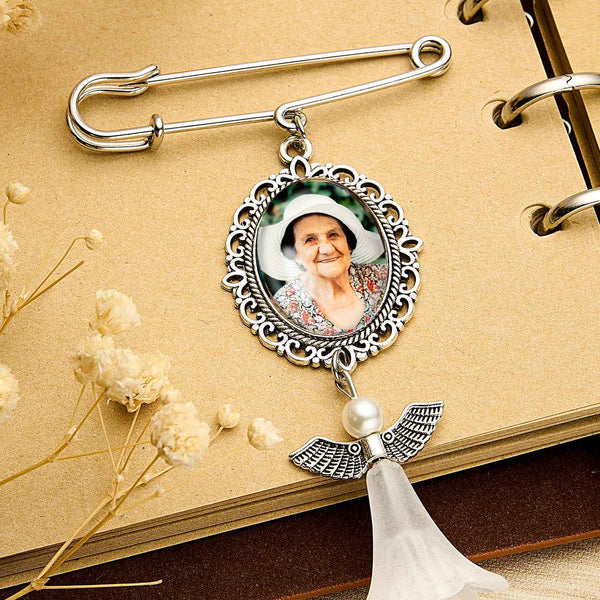 Personalized Angel Wings Pin Brooch Wedding Bouquet Photo Charm Wedding Memorial Gift for Bride