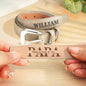 Rolled personalised men's PU leather belt displaying engraved name and 'PAPA' fixed text — meaningful engraved keepsake