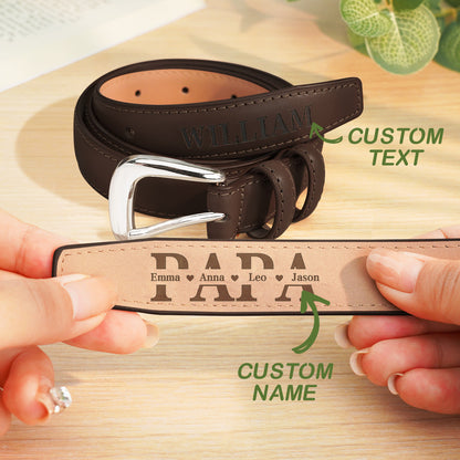 Lifestyle shot of a man wearing a personalised PU leather belt with engraved name — thoughtful Father's Day gift idea