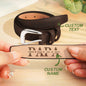Lifestyle shot of a man wearing a personalised PU leather belt with engraved name — thoughtful Father's Day gift idea