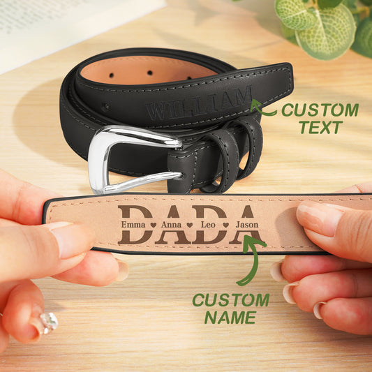 Personalised men's PU leather belt close-up with engraved name and alloy buckle — ideal Father's Day or birthday gift