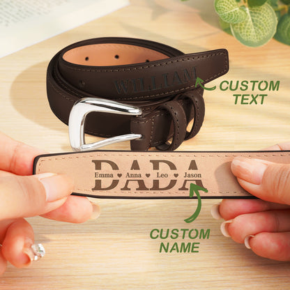 Close-up of engraved name beside buckle on personalised belt — durable PU leather with precise engraving