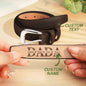Close-up of engraved name beside buckle on personalised belt — durable PU leather with precise engraving