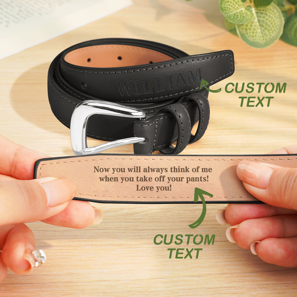 Lifestyle shot of a man wearing personalised PU leather belt with alloy buckle — stylish custom gift for him, Father's Day idea