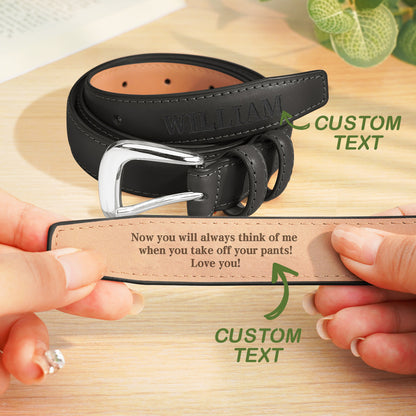 Lifestyle shot of a man wearing personalised PU leather belt with alloy buckle — stylish custom gift for him, Father's Day idea