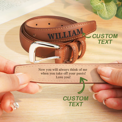 Flat-lay of 42-inch personalised PU leather belt showing holes, tip and engraved text — custom mens accessory