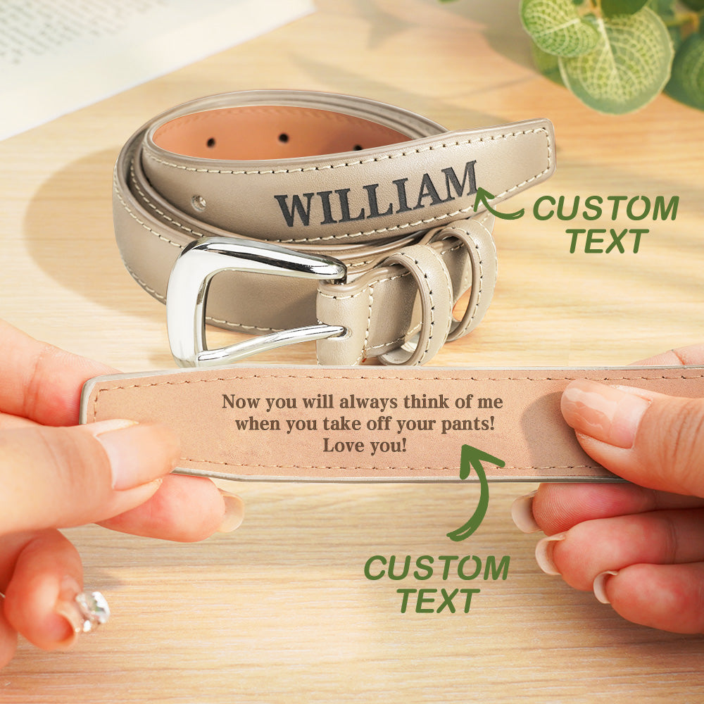 Detailed close-up of laser-engraved lettering on PU leather belt strap — crisp personalised engraving for a keepsake gift
