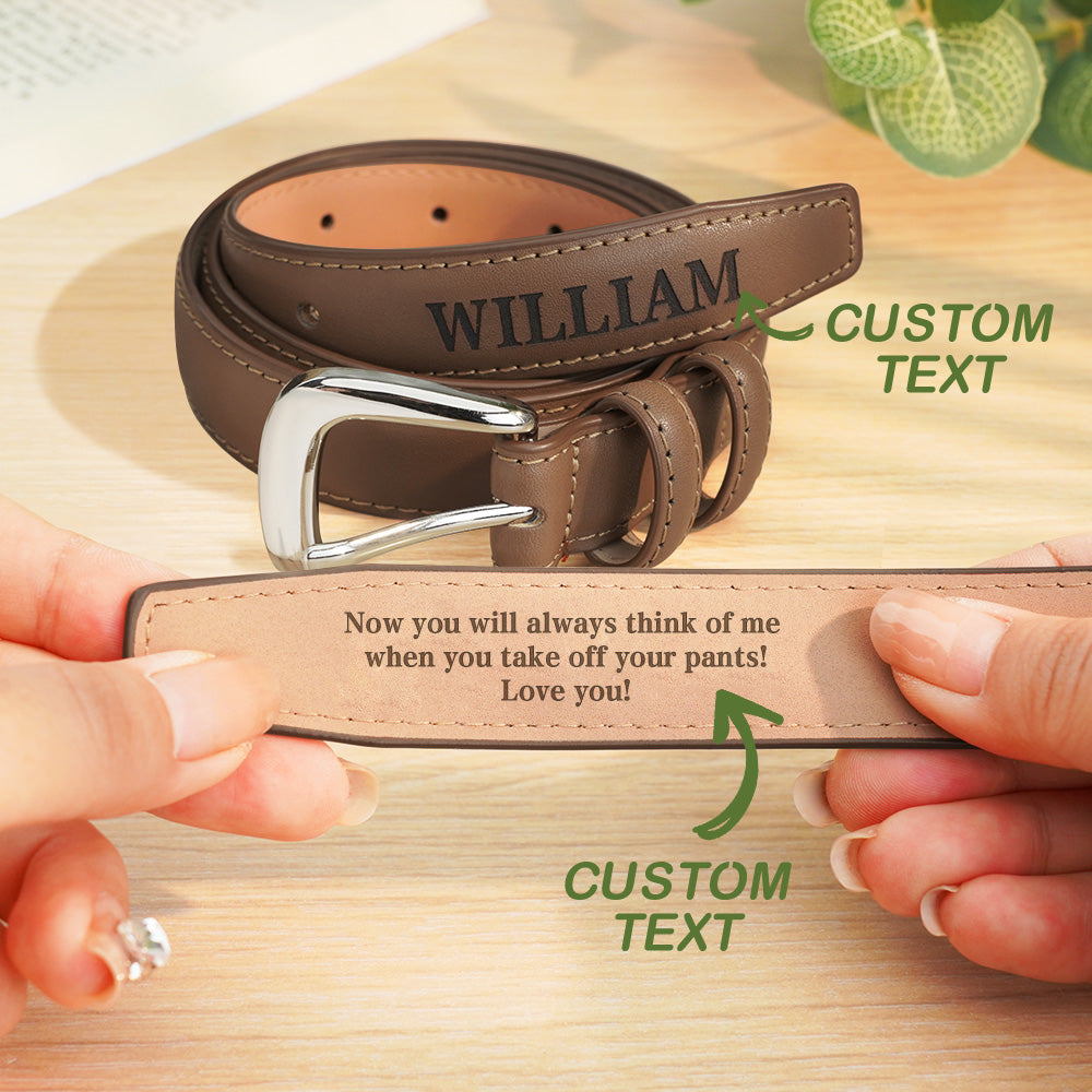 Alloy buckle detail on personalised men's PU leather belt with brushed finish — durable fastening for everyday wear