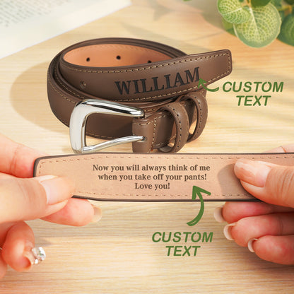 Alloy buckle detail on personalised men's PU leather belt with brushed finish — durable fastening for everyday wear